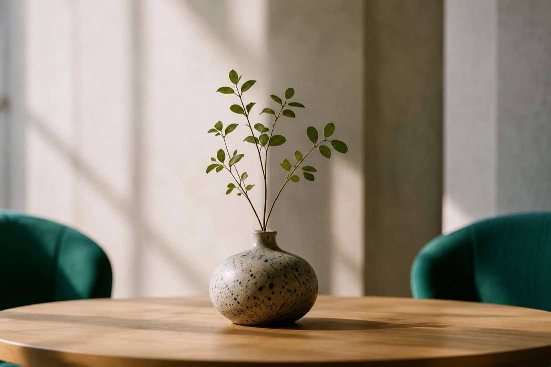 A quiet Gestalt therapy space with a plant on a wooden table in Perth